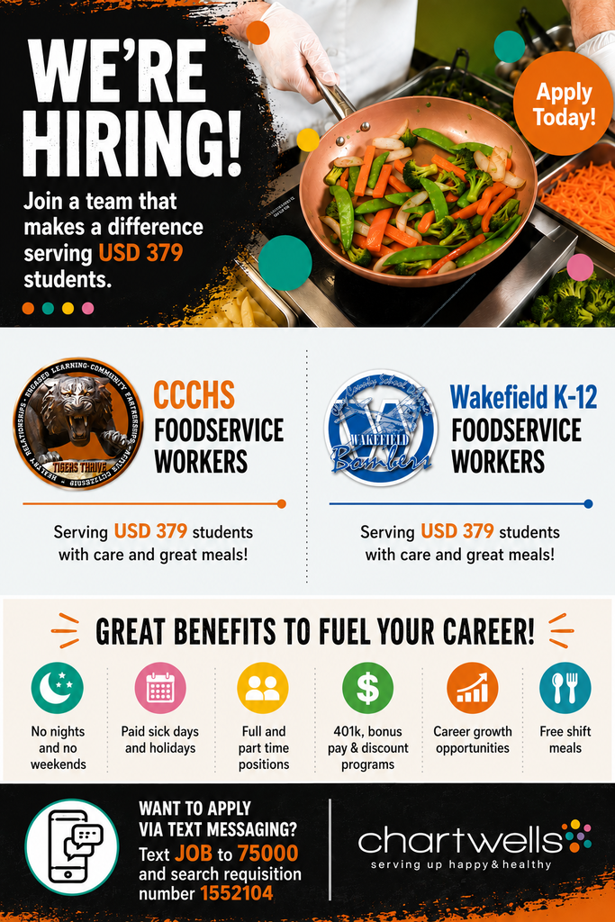 Chartwells is hiring foodservice workers at both CCCHS and Wakefield. No nights or weekends, paid sick days and holidays, full and part time positions, 401K, bonus pay, and discount programs, career growth opportuniites, and free shift meals. Apply by texting JOB to 75000 and search requisition 1552104.