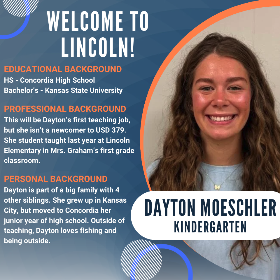 Graphic welcoming new Lincoln Elementary kindergarten teacher Dayton Moeschler. The left side features a blue background with orange section headings highlighting her educational, professional, and personal background. Dayton graduated from Concordia High School and earned her bachelor's degree from Kansas State University. This will be her first teaching position, though she previously student taught in Mrs. Graham's first-grade classroom at Lincoln Elementary. The personal section notes that Dayton comes from a large family with four siblings, grew up in Kansas City before moving to Concordia during her junior year of high school, and enjoys fishing and spending time outdoors. The right side features a smiling headshot of Dayton with long, wavy brown hair, wearing a light blue shirt and a butterfly necklace, framed by orange and blue circular accents. A white banner across the bottom identifies her as Dayton Moeschler – Kindergarten.