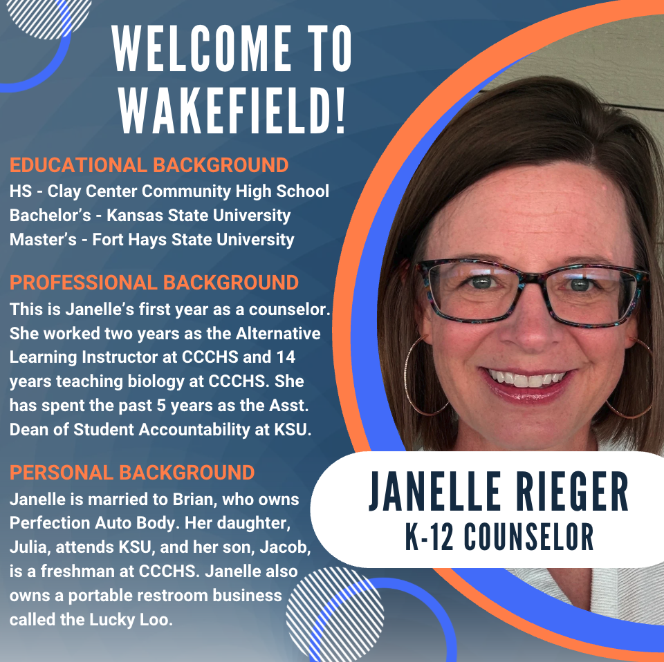 Graphic welcoming Janelle Rieger as the new K-12 Counselor at Wakefield Schools. The design features a headshot of Janelle on the right with blue and orange accent graphics. Text highlights her educational background (Clay Center Community High School, bachelor's degree from Kansas State University, and master's degree from Fort Hays State University), professional experience (former Alternative Learning Instructor and biology teacher at CCCHS, and Assistant Dean of Student Accountability at Kansas State University), and personal background (married to Brian, owner of Perfection Auto Body; mother of Julia, a KSU student, and Jacob, a CCCHS freshman; co-owner of the Lucky Loo portable restroom business). The bottom of the graphic identifies her as Janelle Rieger, K-12 Counselor.