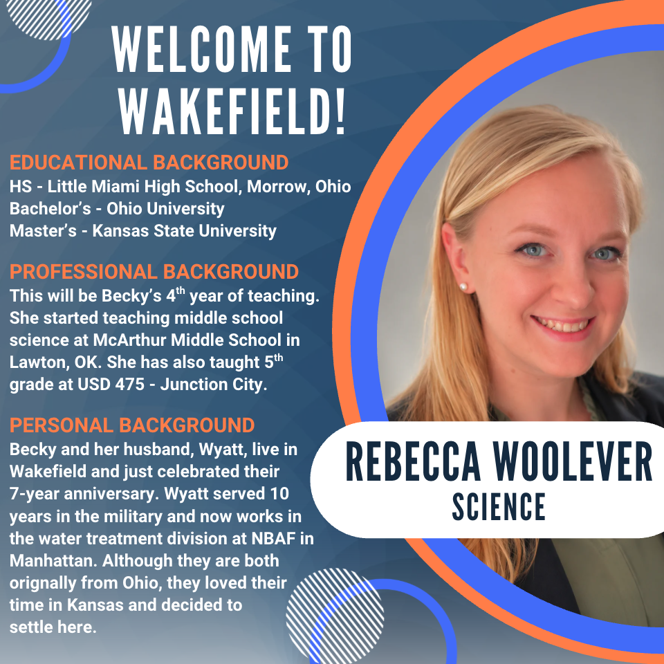 Staff spotlight graphic introducing Rebecca Woolever, Wakefield Science teacher. The graphic features a professional headshot of Rebecca alongside information about her educational background, including Little Miami High School in Ohio, Ohio University, and Kansas State University. It highlights that she is entering her fourth year of teaching after previously teaching middle school science in Lawton, Oklahoma, and fifth grade in Junction City, Kansas. The graphic also shares that she and her husband, Wyatt, live in Wakefield, recently celebrated their seventh wedding anniversary, and chose to make Kansas their home after moving from Ohio. The design uses USD 379's blue and orange branding with the headline, "Welcome to Wakefield!"