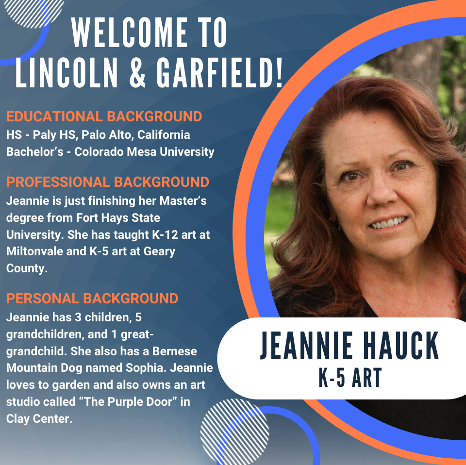 Welcome graphic introducing new USD 379 K-5 art teacher Jeannie Hauck. The graphic features a headshot of Jeannie outdoors alongside information about her background. She graduated from Palo Alto High School in California, earned her bachelor's degree from Colorado Mesa University, and is completing her master's degree at Fort Hays State University. She previously taught K-12 art in Miltonvale and K-5 art in Geary County. Jeannie is a mother of three, grandmother of five, and great-grandmother of one. She enjoys gardening, owns an art studio called The Purple Door in Clay Center, and has a Bernese Mountain Dog named Sophia. Her name and position, "Jeannie Hauck – K-5 Art," are displayed prominently on the graphic.