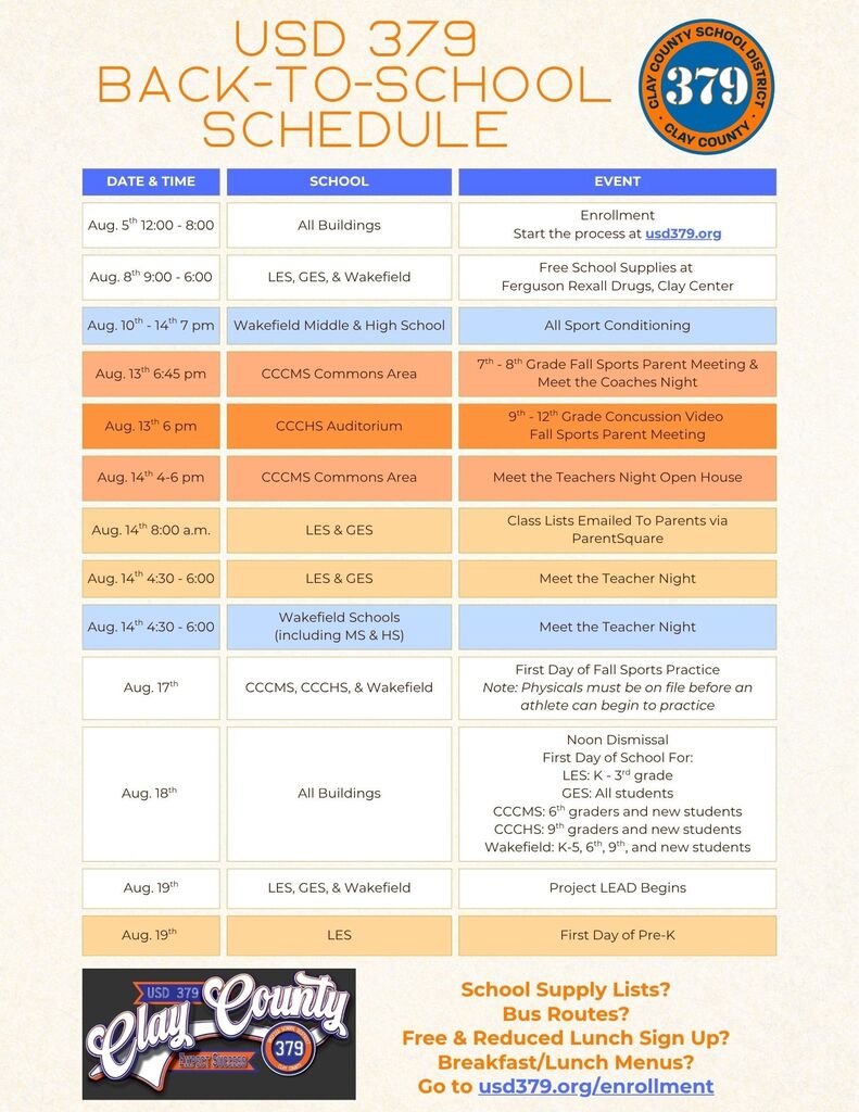 USD 379 Back-to-School Schedule for August 2026. The flyer lists important dates and events, including enrollment opening on Aug. 5; free school supplies for Lincoln, Garfield, and Wakefield students on Aug. 8; Wakefield fall sports conditioning (Aug. 10–14); middle and high school fall sports parent meetings on Aug. 13; Meet the Teacher/Open House events on Aug. 14; elementary class lists emailed Aug. 14; first day of fall sports practice on Aug. 17; first day of school with noon dismissal on Aug. 18 for designated grade levels and new students; Project LEAD begins Aug. 19 for Lincoln, Garfield, and Wakefield; and Lincoln Elementary Pre-K begins Aug. 19. The flyer also directs families to usd379.org/enrollment for enrollment, school supply lists, bus routes, free and reduced lunch applications, and breakfast/lunch menus.