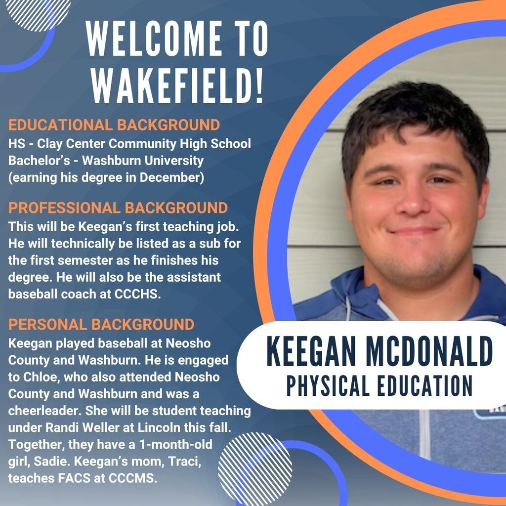 Welcome to Wakefield graphic introducing Keegan McDonald, Physical Education. The graphic features Keegan’s portrait and highlights his education at Clay Center Community High School and Washburn University, his first teaching position and role as an assistant baseball coach at CCCHS, and his personal background, including his baseball career and family.