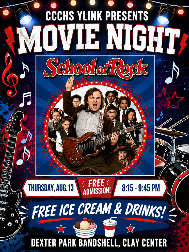 CCCHS YLinK Movie Night flyer promoting a free showing of School of Rock on Thursday, Aug. 13, from 8:15–9:45 p.m. at the Dexter Park Bandshell in Clay Center. The rock-and-roll-themed flyer features guitars, drums, music notes and stage lights. Free admission, ice cream and drinks will be provided.