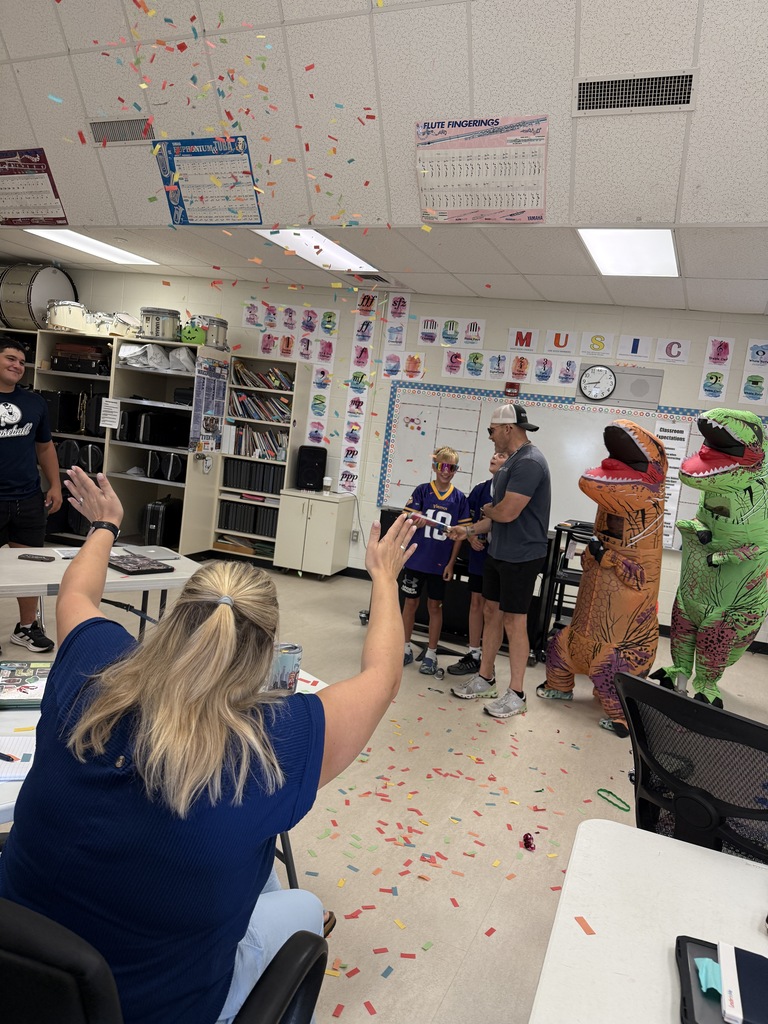 As part of their inservice days leading up to the first day of school, all USD 379 buildings are going through Leader in Me training.  Yesterday at Wakefield, Lighthouse team leader Mr. Freeman brought in students from elementary, junior high, and high school to present their MRA (Measurable Results Assessment) data from last year. It even included music and poppers at the end!  Thanks to the kids (and dinosaurs) who spent part of their last few days of summer helping out our staff! #Celebrate379
