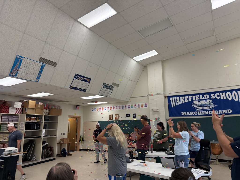 As part of their inservice days leading up to the first day of school, all USD 379 buildings are going through Leader in Me training.  Yesterday at Wakefield, Lighthouse team leader Mr. Freeman brought in students from elementary, junior high, and high school to present their MRA (Measurable Results Assessment) data from last year. It even included music and poppers at the end!  Thanks to the kids (and dinosaurs) who spent part of their last few days of summer helping out our staff! #Celebrate379