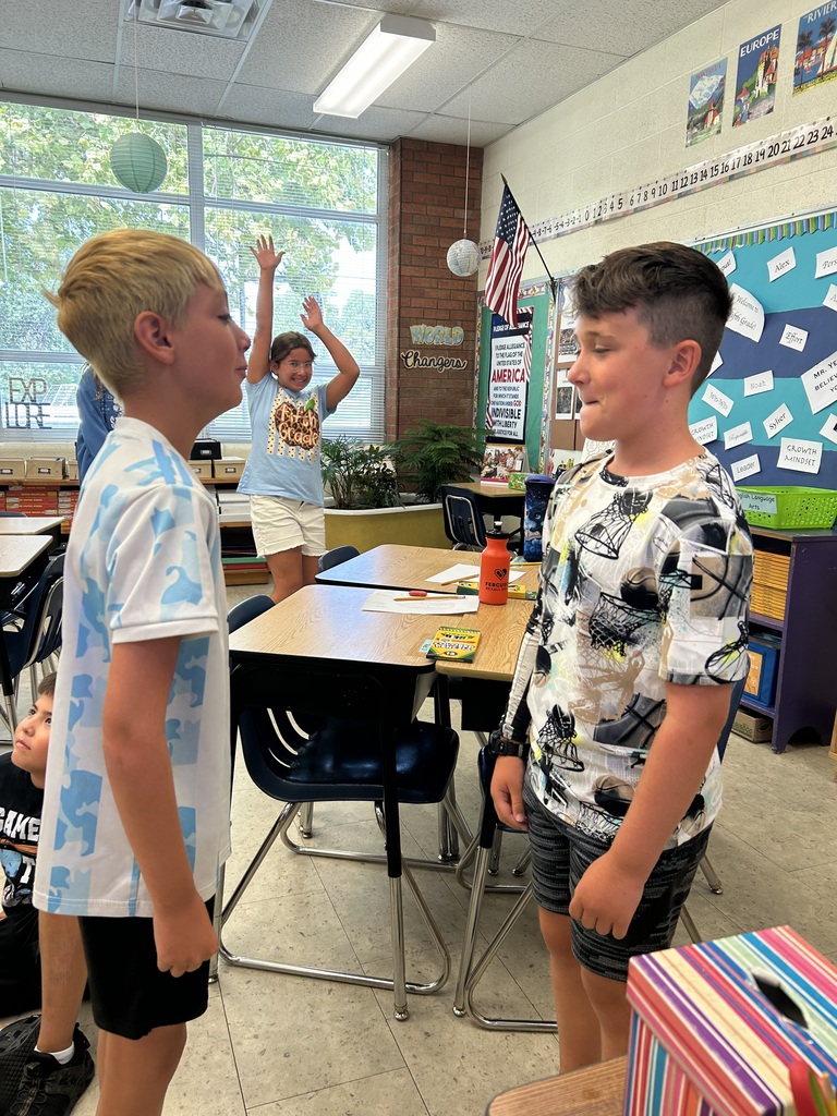Mr. Yenni's 5th graders hit the ground running yesterday! First, they participated in a Think-Pair-Share activity discussing their favorite color, food, pets, and hobbies. Then, they created posters displaying how they felt about their first day of school. #Celebrate379