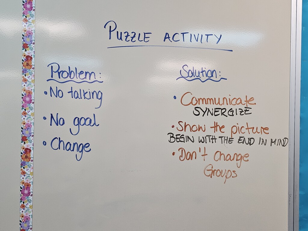 Students work together in small groups to solve a puzzle as part of a teamwork activity. The challenge encouraged students to recognize the importance of communication, having a shared goal, and collaborating to solve problems successfully.