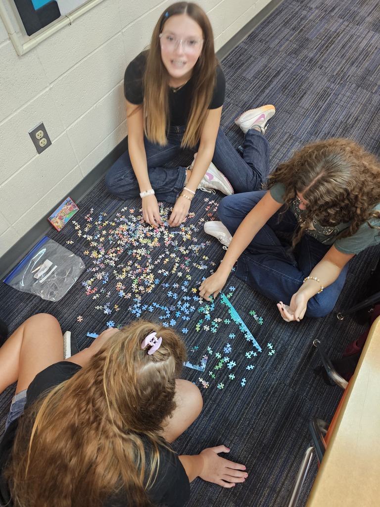 Students work together in small groups to solve a puzzle as part of a teamwork activity. The challenge encouraged students to recognize the importance of communication, having a shared goal, and collaborating to solve problems successfully.