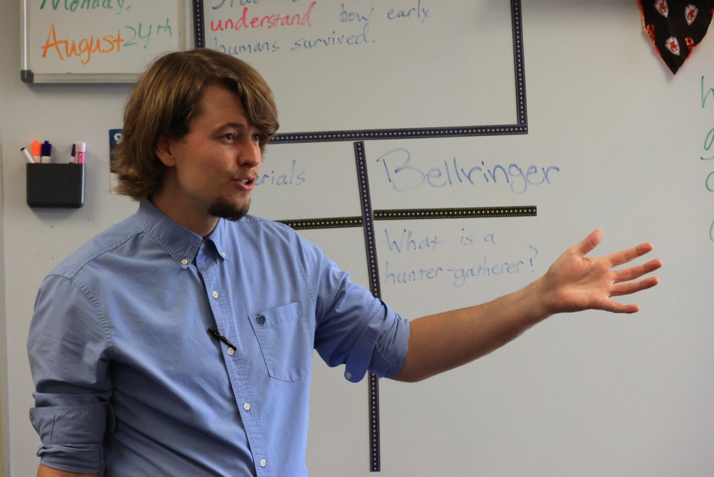 6th grade social studies teacher Mr. Higgins talks about early cavemen and their methods of surviving.