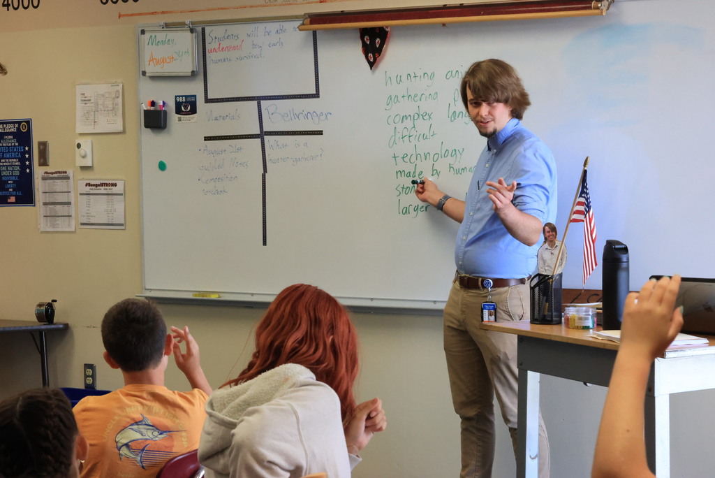 6th grade social studies teacher Mr. Higgins talks about early cavemen and their methods of surviving.