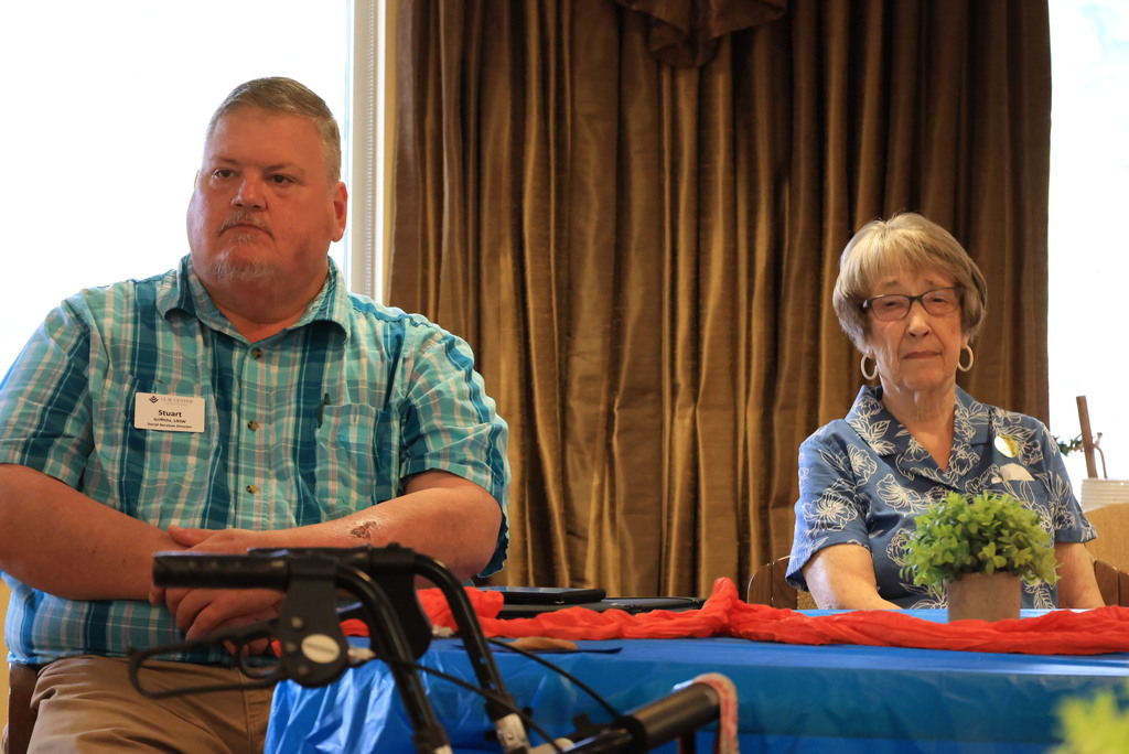 Superintendent Brett Nelson talks with members of the Presbyterian Manor and answers questions about USD 379.