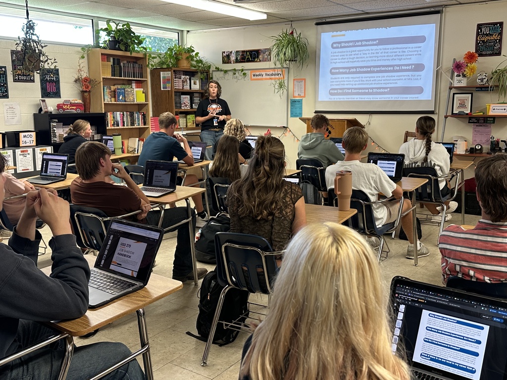 USD 379 District Counselor Lisa Last introduced the annual Sophomore Job Shadow Experience today in Mrs. Reichert’s classes.