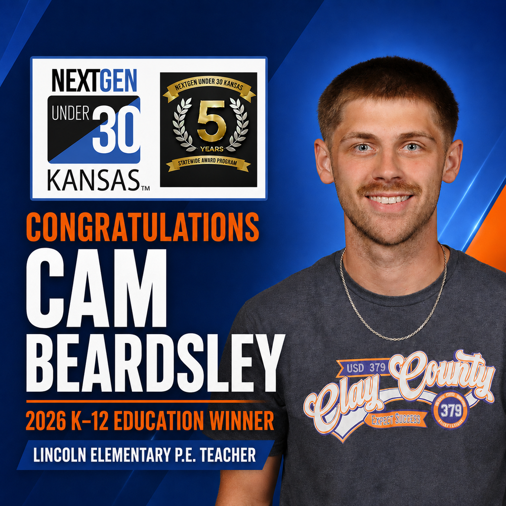 Recognition graphic featuring Cam Beardsley, Lincoln Elementary P.E. teacher, who was named a 2026 NextGen Under 30 Kansas K–12 Education winner.
