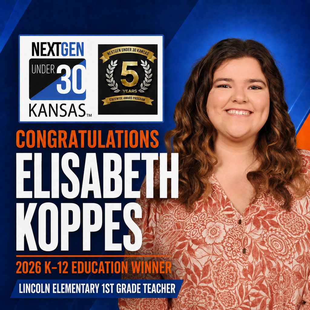 Recognition graphic featuring Elisabeth Koppes, a first-grade teacher at Lincoln Elementary, who was named a 2026 NextGen Under 30 Kansas K–12 Education winner.