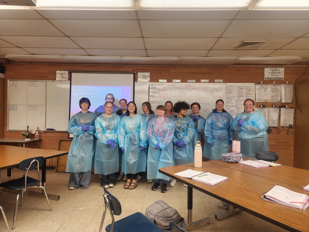 Mrs. Flegler's Animal Care students have been learning about how animal health professionals protect themselves from pathogens and zoonotic diseases. They practiced proper handwashing techniques, put on and removed gloves, and donned surgical gowns. Students also discussed how the levels of personal protective equipment (PPE) increased to provide more protection in different situations.