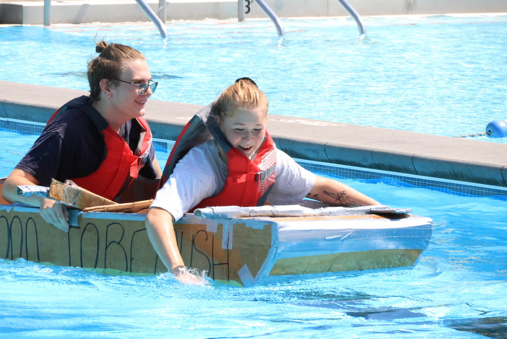 Mrs. Pfizenmaier's STEAM class and Mr. Roberts' science classes put their creativity, engineering skills, and teamwork to the test at the Clay Center Aquatic Pool today during their Cardboard Boat Regatta! Students designed boats using only cardboard and duct tape.