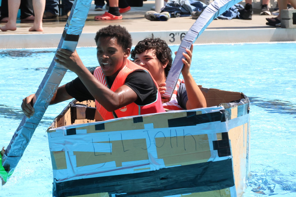 Mrs. Pfizenmaier's STEAM class and Mr. Roberts' science classes put their creativity, engineering skills, and teamwork to the test at the Clay Center Aquatic Pool today during their Cardboard Boat Regatta! Students designed boats using only cardboard and duct tape.