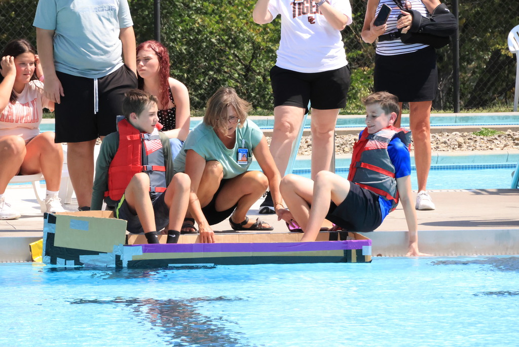 Mrs. Pfizenmaier's CCCMS STEAM class and Mr. Roberts' CCCHS science classes put their creativity, engineering skills, and teamwork to the test at the Clay Center Aquatic Pool today during their Cardboard Boat Regatta! Students designed boats using only cardboard and duct tape.