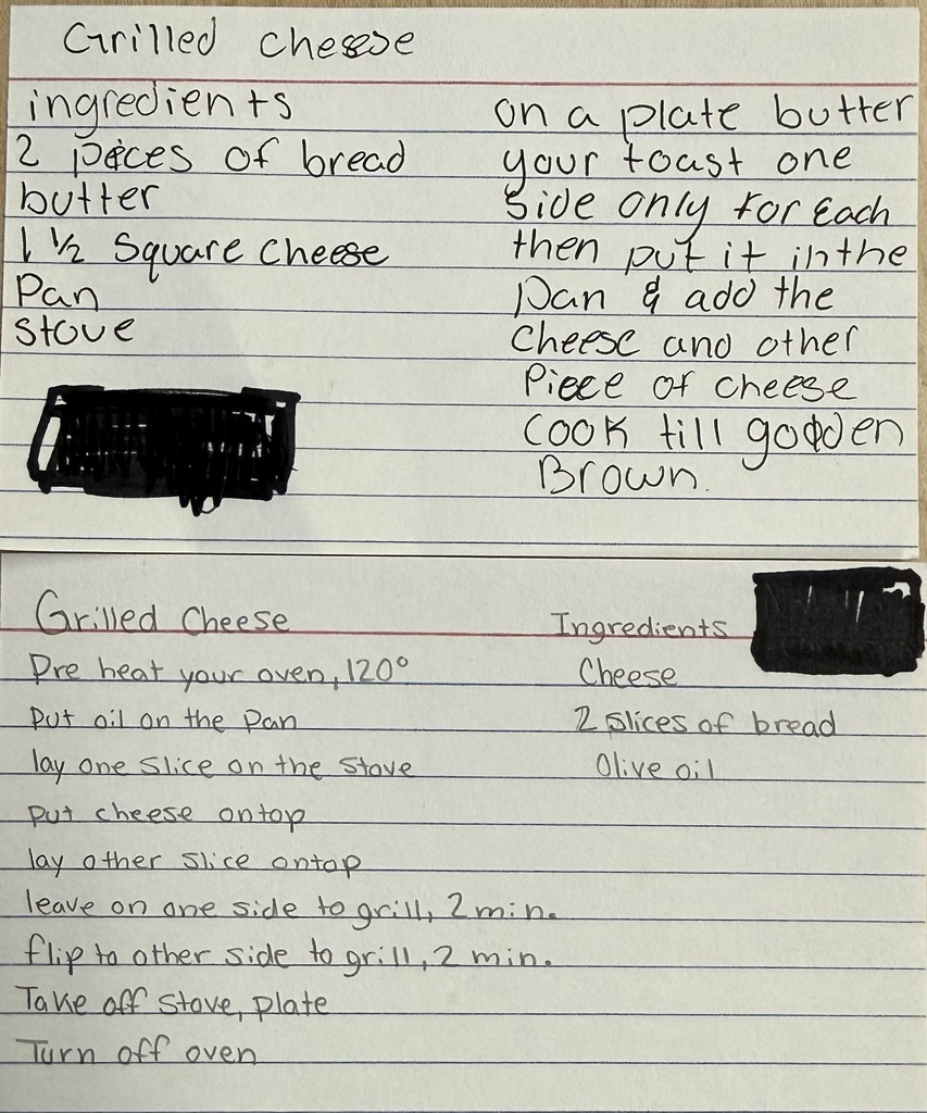 Students eat grilled cheese sandwiches that were prepared by Mrs. Hughes using directions written by her students.