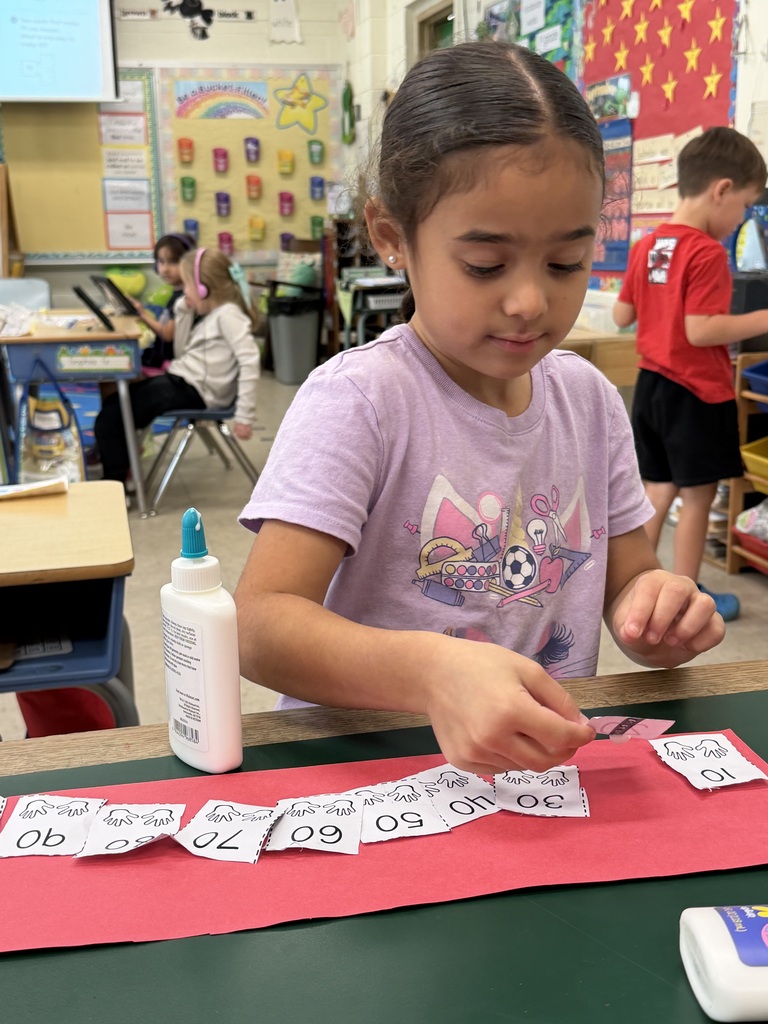 Mrs. Judy's kindergartners have been working on counting to 100 by 10s. In this activity, they practiced their cutting skills as well as ordering the numbers by 10 to 100. They are already making huge gains! #Celebrate379