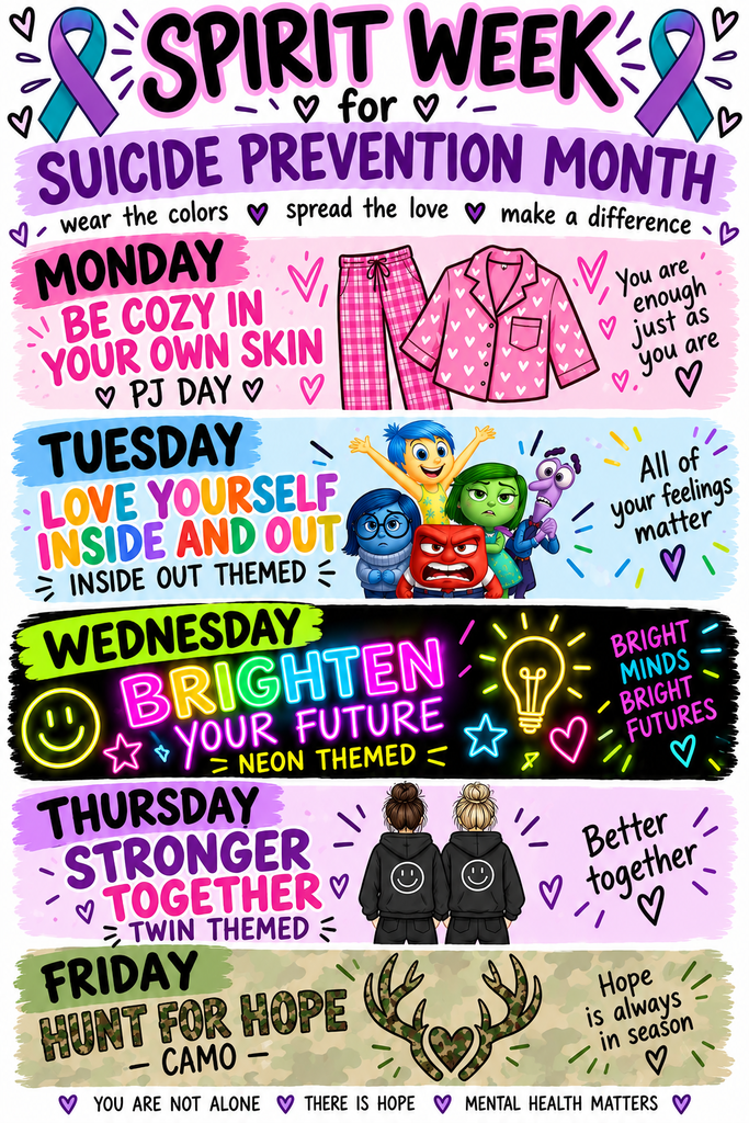Colorful “Spirit Week for Suicide Prevention Month” flyer featuring teal-and-purple awareness ribbons and daily themes: Monday—PJ Day, “Be Cozy in Your Own Skin”; Tuesday—Inside Out themed, “Love Yourself Inside and Out”; Wednesday—neon themed, “Brighten Your Future”; Thursday—twin themed, “Stronger Together”; and Friday—camo themed, “Hunt for Hope.” The flyer includes supportive messages such as “You are enough just as you are,” “All of your feelings matter,” “Better together,” “Hope is always in season,” “You are not alone,” “There is hope,” and “Mental health matters.”