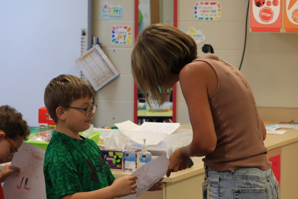 Mrs. Shannon's students draw Mat Man on a piece of paper to learn about body parts and then morph it into a drawing of themselves.