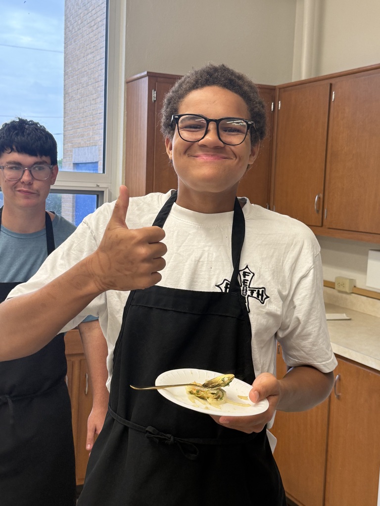 Mrs. Hughes and her culinary arts students had their first lab this week. They practiced knife skills yesterday. First, they demonstrated how to slice, dice, and julienne vegetables. Then, they took the sliced potatoes and turned them into scalloped potatoes.