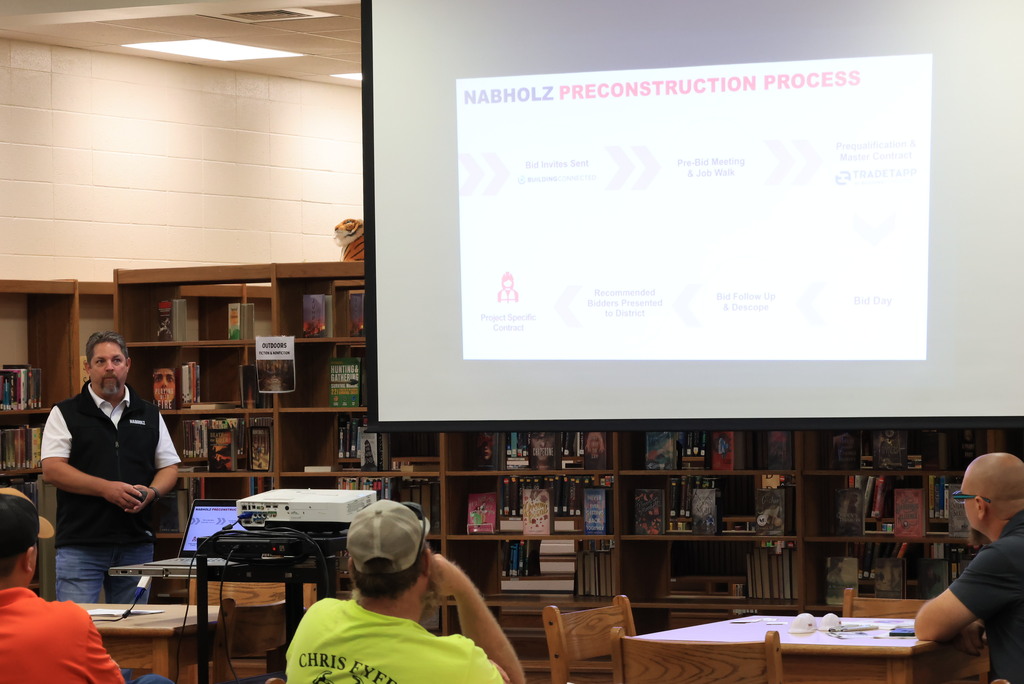 Nabholz Construction, the CMAR for the USD 379 bond projects, hosted a local contractor summit. The goal was to give local contractors information on how to bid on all projects starting in November. This supports the district's goal of providing as many opportunities as possible to keep district tax dollars in the community.