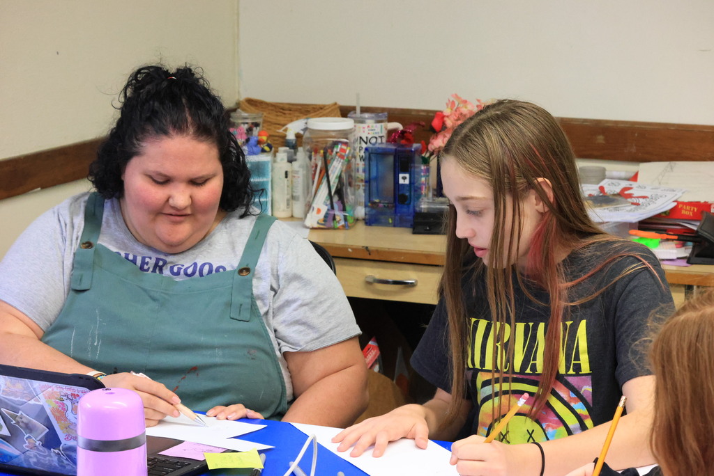 Mrs. Looney's junior high/high school art class are working on multiple projects. Some students were working on "zentangles", a method of creating miniature, abstract art using structured, repetitive patterns drawn one deliberate stroke at a time. Others were drawing their names in a unique way using sign-language hands.
