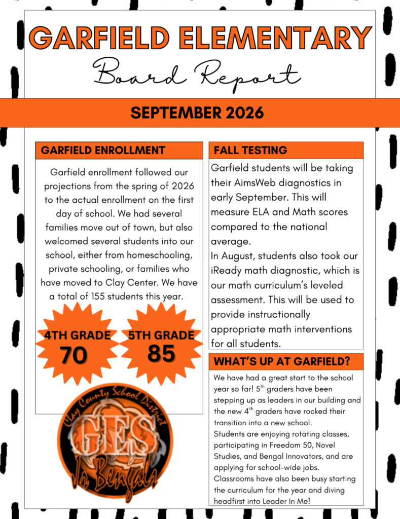 Garfield Elementary’s September 2026 Board Report highlights a total enrollment of 155 students—70 fourth graders and 85 fifth graders. Students are completing AimsWeb and iReady diagnostic testing, while enjoying rotating classes, school-wide jobs, and the Leader in Me curriculum.