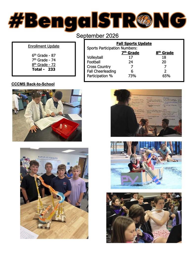 CCCMS September 2026 report shows enrollment of 233 students: 87 sixth graders, 74 seventh graders, and 72 eighth graders. Fall sports participation is 73% for seventh grade and 65% for eighth grade. Back-to-school photos show students completing science and classroom activities, building projects, racing cardboard boats, and rehearsing in band.