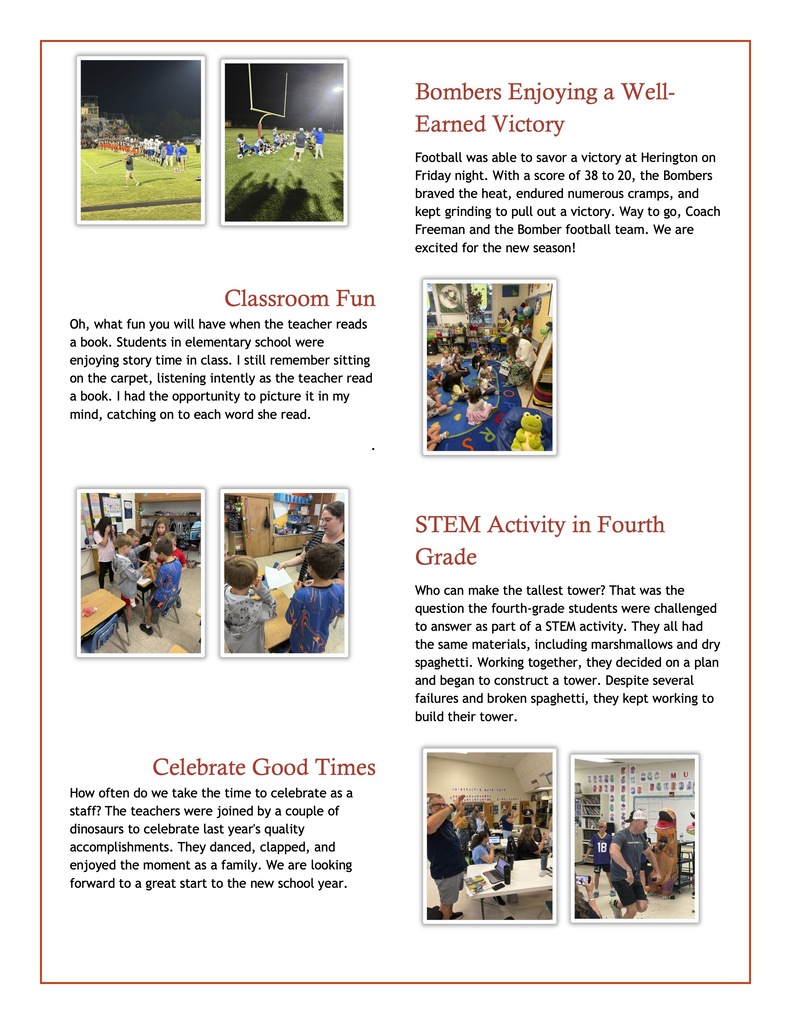 Wakefield’s September report highlights the Bombers’ 38–20 football victory over Herington, elementary students enjoying classroom story time, fourth graders building towers with marshmallows and dry spaghetti during a STEM activity, and staff celebrating last year’s accomplishments with music, dancing, and dinosaur costumes.
