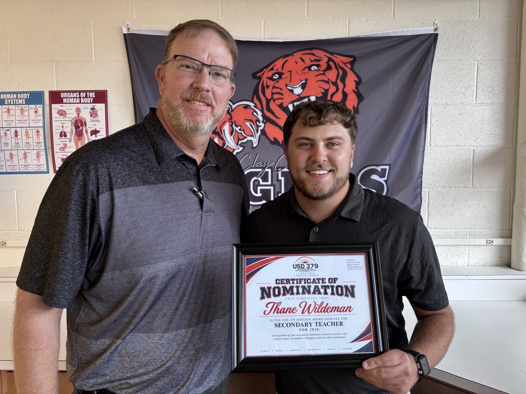 Last week's Homecoming parade included a special recognition when Mr. Wildeman learned he was a nominee for the Kansas State Department of Education Horizon Award, which recognizes outstanding first-year teachers across Kansas classrooms. The award highlights educators with strong teaching skills who stand out for their dedication to helping students learn. Mr. Wildeman was the secondary nominee from Clay County Schools, and he will now move on to the state level. Congratulations!
