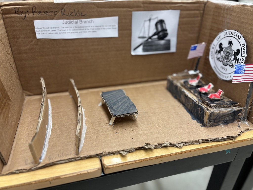 Mr. Kindel is a student teacher under social studies teacher Mr. Lane. He has been teaching the 8th graders about the writing of the constitution, the three branches of government, and the protections under the bill of rights. As a final project, he had the students create a model of one of the three branches of government to explain and demonstrate their understanding of the division of powers.