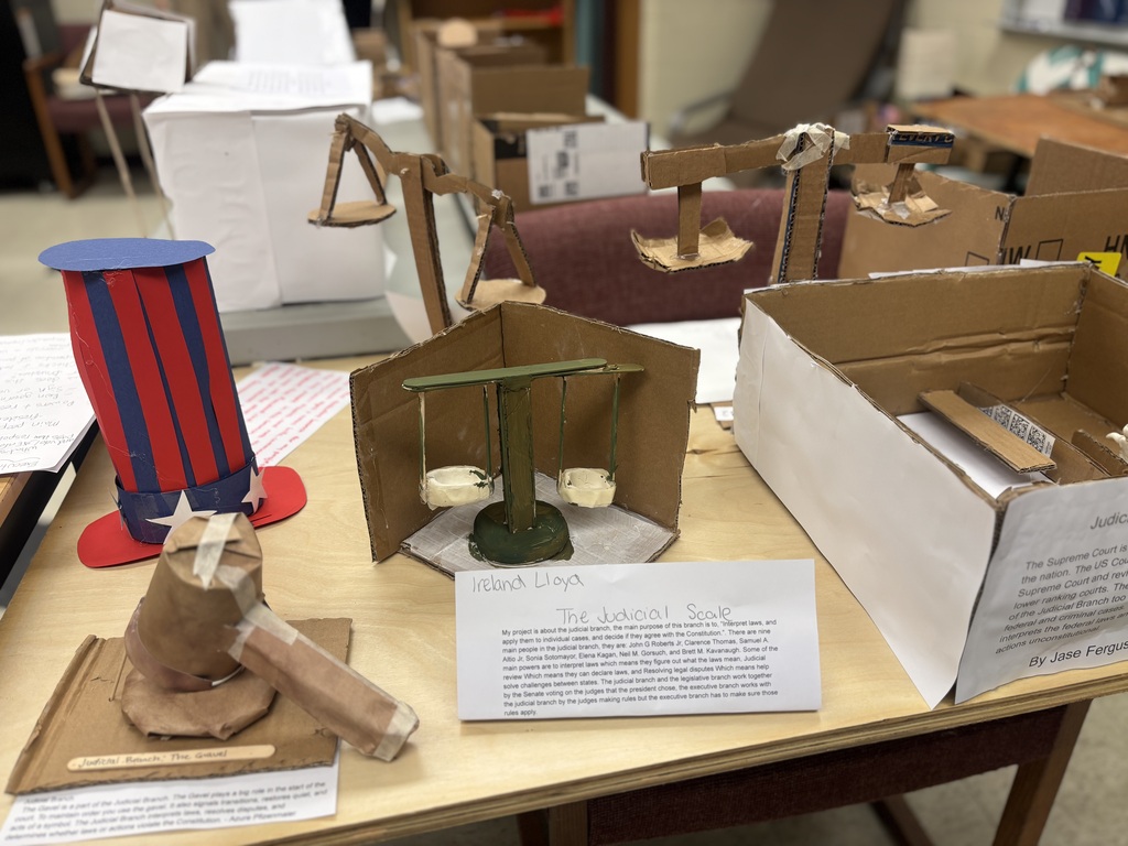 Mr. Kindel is a student teacher under social studies teacher Mr. Lane. He has been teaching the 8th graders about the writing of the constitution, the three branches of government, and the protections under the bill of rights. As a final project, he had the students create a model of one of the three branches of government to explain and demonstrate their understanding of the division of powers.
