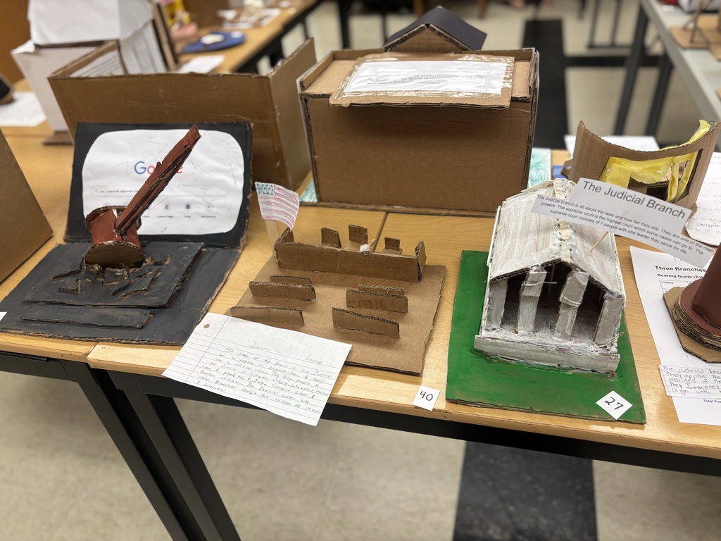 Mr. Kindel is a student teacher under social studies teacher Mr. Lane. He has been teaching the 8th graders about the writing of the constitution, the three branches of government, and the protections under the bill of rights. As a final project, he had the students create a model of one of the three branches of government to explain and demonstrate their understanding of the division of powers.
