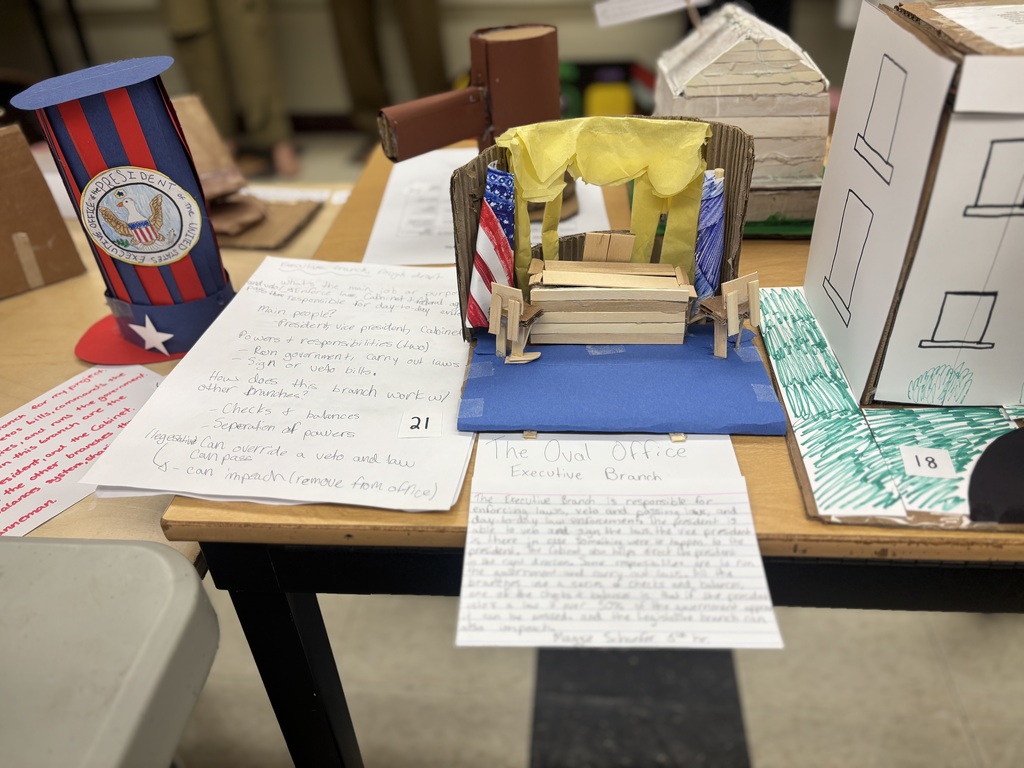 Mr. Kindel is a student teacher under social studies teacher Mr. Lane. He has been teaching the 8th graders about the writing of the constitution, the three branches of government, and the protections under the bill of rights. As a final project, he had the students create a model of one of the three branches of government to explain and demonstrate their understanding of the division of powers.