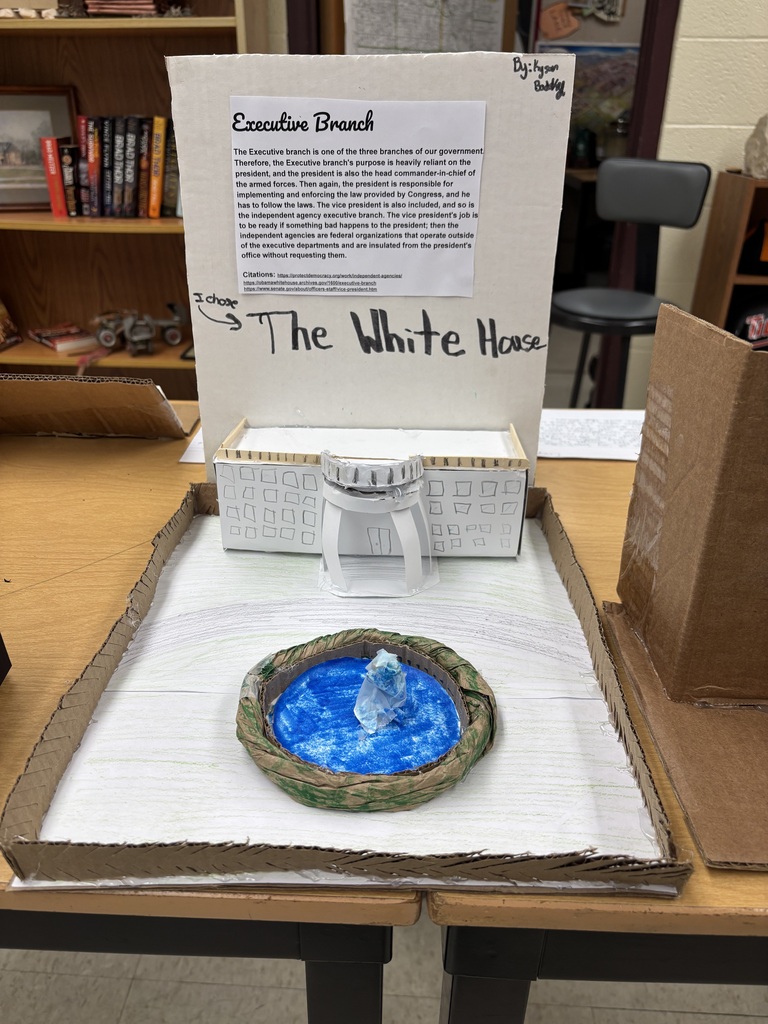 Mr. Kindel is a student teacher under social studies teacher Mr. Lane. He has been teaching the 8th graders about the writing of the constitution, the three branches of government, and the protections under the bill of rights. As a final project, he had the students create a model of one of the three branches of government to explain and demonstrate their understanding of the division of powers.