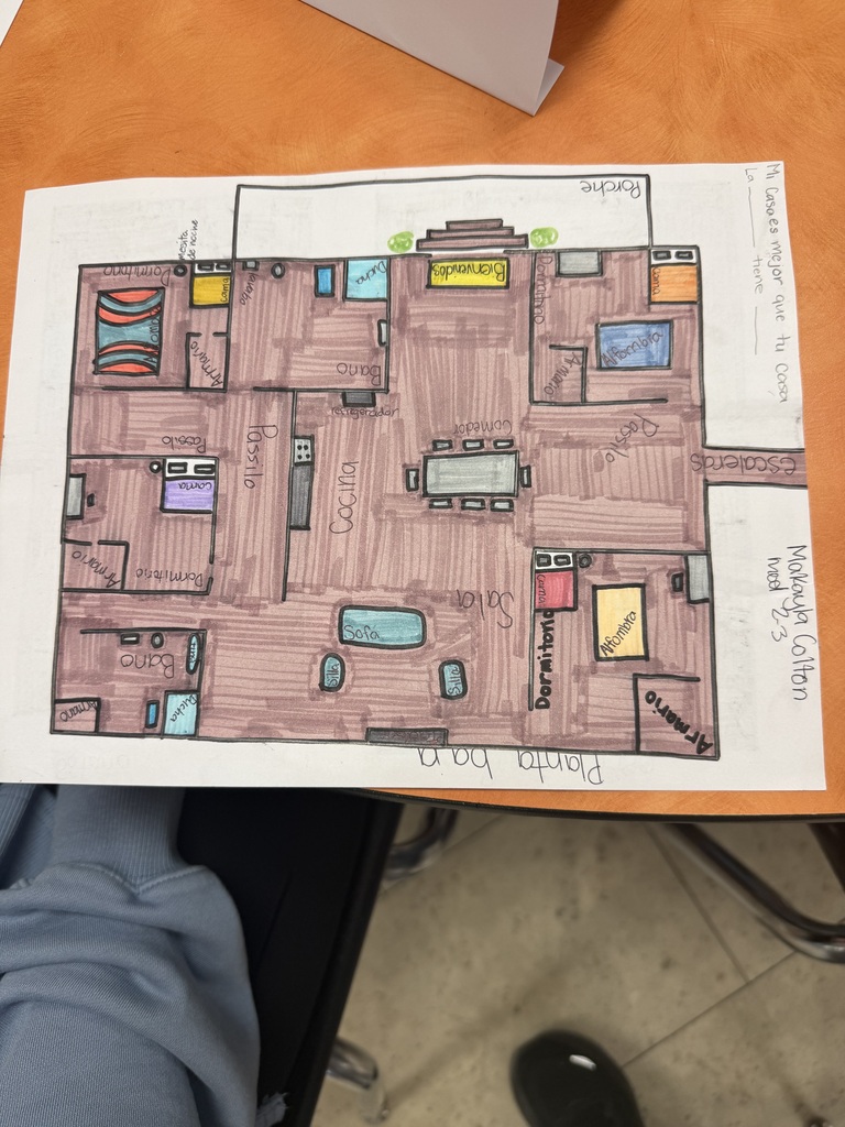 Mrs. Hughes' Spanish students have been working on house vocabulary and making comparisons. Last week, a group of native speakers from the community were invited in to describe a house they wanted built. Students "architects" then created and presented a design and argued why it was better than their classmates' designs.