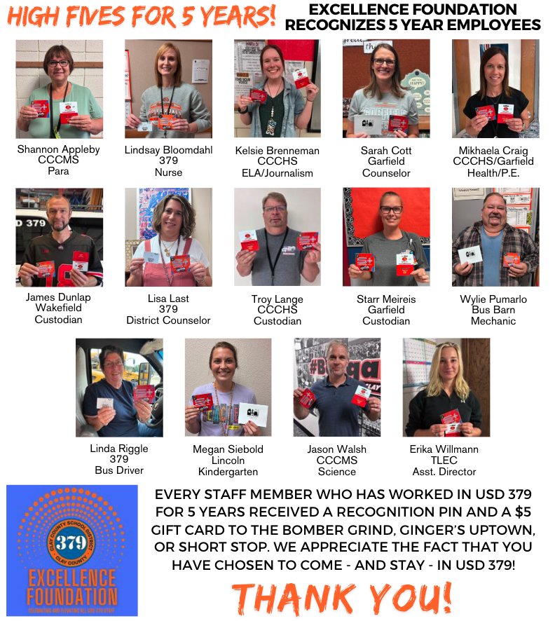 USD 379 Excellence Foundation graphic titled “High Fives for 5 Years!” features photos of 14 employees recognized for five years of service: Shannon Appleby, CCCMS para; Lindsay Bloomdahl, district nurse; Kelsie Brenneman, CCCHS ELA/journalism; Sarah Cott, Garfield counselor; Mikhaela Craig, CCCHS/Garfield health and P.E.; James Dunlap, Wakefield custodian; Lisa Last, district counselor; Troy Lange, CCCHS custodian; Starr Meireis, Garfield custodian; Wylie Pumarlo, Bus Barn mechanic; Linda Riggle, bus driver; Megan Siebold, Lincoln kindergarten; Jason Walsh, CCCMS science; and Erika Willmann, TLEC assistant director. Each received a recognition pin and a $5 gift card to The Bomber Grind, Ginger’s Uptown, or Short Stop. Closing message: “We appreciate the fact that you have chosen to come—and stay—in USD 379! Thank you!”