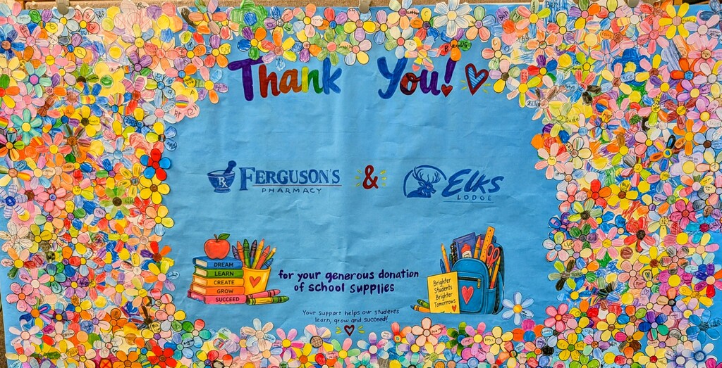 To show appreciation for handing out free school supplies before school, Mrs. Hauck's art students created this Thank You Banner for Ferguson's Rexall Pharmacy and the Clay Center Elks Club. This banner will be delivered to both of them.