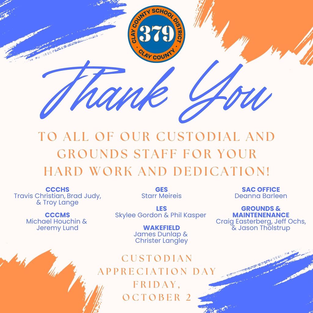 USD 379 graphic with blue and orange accents reads, “Thank you to all of our custodial and grounds staff for your hard work and dedication!” Celebrating Custodian Appreciation Day, Friday, October 2. Honorees include CCCHS: Travis Christian, Brad Judy, and Troy Lange; CCCMS: Michael Houchin and Jeremy Lund; GES: Starr Meireis; LES: Skylee Gordon and Phil Kasper; Wakefield: James Dunlap and Christer Langley; SAC Office: Deanna Barleen; Grounds and Maintenance: Craig Easterberg, Jeff Ochs, and Jason Tholstrup.