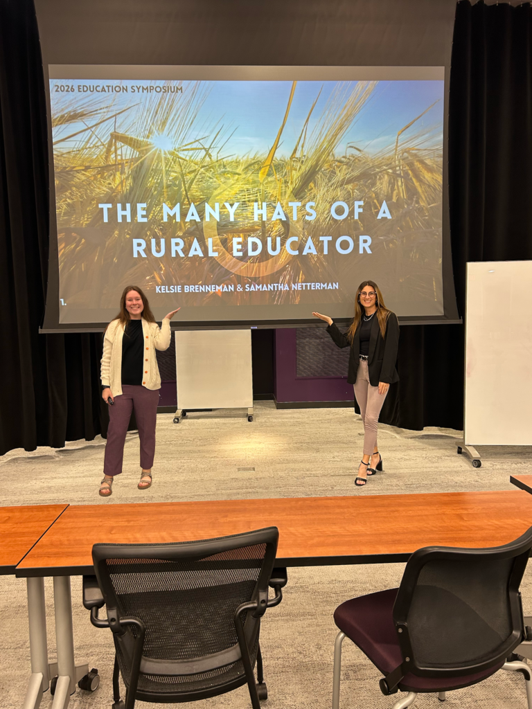 Kelsie Brenneman (CCCHS ELA teacher) and  Sam Netterman (Riley County ELA teacher) presented at the annual Ed Symposium at K-State for students in the College of Education. 