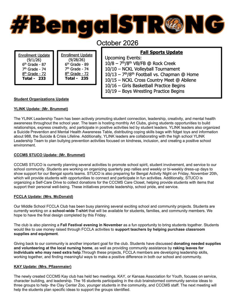 CCCMS October 2026 report headed “#BengalSTRONG” in black and orange. Enrollment increased from 233 to 235 students. Sports dates include girls basketball practice beginning October 16 and boys wrestling October 19. Student organization highlights include YLINK art clubs, mental health awareness, and bullying prevention; STUCO pep rallies, a November 20 activity night, and a Care Closet donation drive; FCCLA T-shirt design, a November Fall Festival, and community service plans; and a new KAY club with 16 students planning service projects.