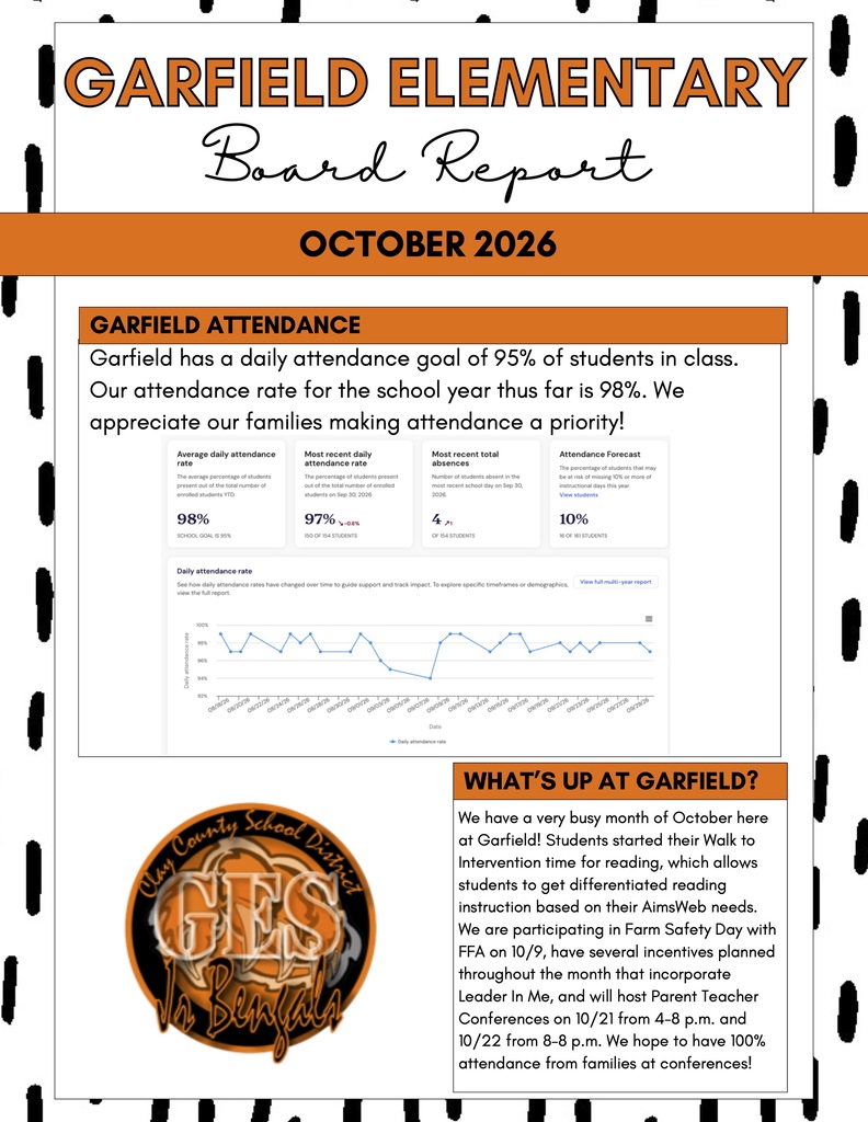 Garfield Elementary October 2026 Board Report in orange, black, and white. School-year attendance is 98%, exceeding the 95% goal, with a line chart showing daily attendance. Updates include individualized reading support through Walk to Intervention, Farm Safety Day with FFA on October 9, and Leader in Me incentives. Parent-teacher conferences are October 21, 4–8 p.m., and October 22, 8 a.m.–8 p.m., with a goal of 100% family participation. A Garfield Bengals logo appears at the bottom left.