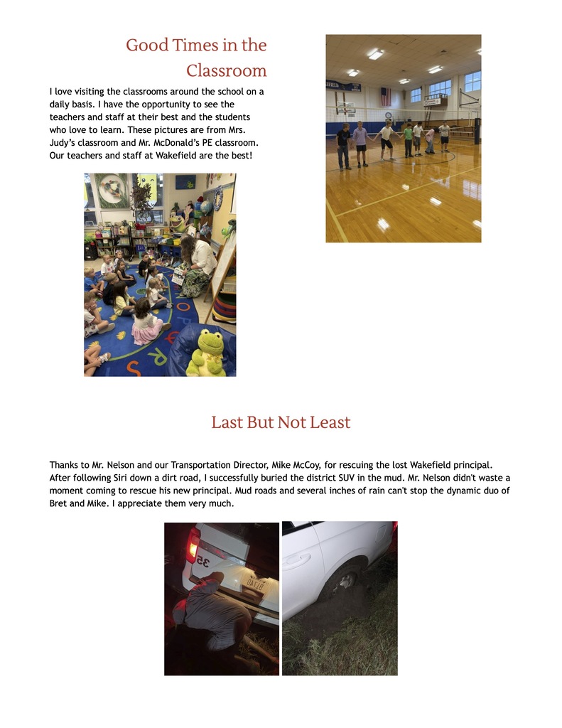 Page three of Wakefield’s October Board Report. “Good Times in the Classroom” celebrates teachers and students, with photos of Mrs. Judy reading to children seated on a classroom rug and students holding hands during Mr. McDonald’s PE class. “Last But Not Least” thanks Mr. Nelson and Transportation Director Mike McCoy for helping the principal after the district SUV became stuck on a muddy road. Two photos show someone working behind the SUV and a tire buried in mud.