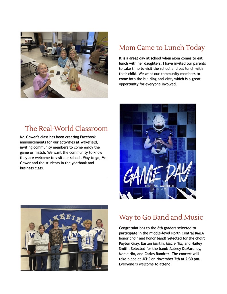 User attachment Garfield Elementary October 2026 Board Report in orange, black, and white. School-year attendance is 98%, exceeding the 95% goal, with a line chart showing daily attendance. Updates include individualized reading support through Walk to Intervention, Farm Safety Day with FFA on October 9, and Leader in Me incentives. Parent-teacher conferences are October 21, 4–8 p.m., and October 22, 8 a.m.–8 p.m., with a goal of 100% family participation. A Garfield Bengals logo appears at the bottom left. Convert to PDF User attachment Garfield Elementary October 2026 Board Report showing fall Aimsweb diagnostic results in four color-coded pyramid charts. Fourth-grade math: 67% low risk, 10% moderate risk, and 23% high risk. Fourth-grade reading: 78% low risk, 9% moderate risk, and 13% high risk. Fifth-grade math: 61% low risk, 17% moderate risk, and 22% high risk. Fifth-grade reading: 70% low risk, 17% moderate risk, and 13% high risk. Green represents Tier 1, yellow Tier 2, and red Tier 3. Convert to PDF User attachment Lincoln Elementary October Board Report on an orange background with the Lincoln Cubs logo. Mrs. Last, Ms. Coughlin, and Mrs. Lane held their first Attendance Team meeting of the year. Attendance is 98%, exceeding the schoolwide goal of 97%, which students share weekly at Rise and Shine. The report thanks families for prioritizing attendance. A dashboard and line chart show attendance trends, with five students absent on September 25 and 14% forecast to be at risk for chronic absenteeism. Convert to PDF User attachment Lincoln Elementary AimsWeb+ results displayed in six pyramid charts on an orange background. Percentages in Tier 1, Tier 2, and Tier 3, respectively: kindergarten math, 68%, 20%, 12%; kindergarten ELA, 46%, 34%, 20%; first-grade ELA, 85%, 9%, 6%; first-grade math, 75%, 19%, 6%; second-grade math, 65%, 12%, 23%; and second-grade ELA, 67%, 21%, 12%. Tier 1 is green, Tier 2 yellow, and Tier 3 red. Convert to PDF User attachment Lincoln Elementary AimsWeb+ report with two pyramid charts on an orange background. Third-grade ELA results: 74% Tier 1, 7% Tier 2, and 19% Tier 3. Third-grade math: 60% Tier 1, 19% Tier 2, and 21% Tier 3. Green represents Tier 1, yellow Tier 2, and red Tier 3. Text celebrates a majority of students beginning the year in Tier 1 in nearly every assessed area, highlights first-grade results, and explains how the data guides early instruction and intervention. Convert to PDF User attachment Wakefield Update report with a blue-to-orange header and two classroom photos. Spanish 2 students collaborated with native speakers, listened to their “clients’” preferences, and presented dream-house designs. A photo shows students and guests working at classroom tables. Third- through fifth-grade students participate in five minutes of team-building after lunch near the new gym, playing Simon Says, Rock Paper Scissors, and other games to build connections. The second photo shows elementary students playing together in the foyer. Convert to PDF User attachment Page two of Wakefield’s October Board Report with photos of a mother eating lunch with her daughters, a student-created football game-day graphic, and six eighth-grade music honorees. Parents are invited to visit for lunch. Mr. Gower’s yearbook and business students create Facebook announcements promoting school activities. North Central KMEA honor choir selections are Payton Gray, Easton Martin, Macie Nix, and Hailey Smith; honor band selections are Aubrey DeMaroney, Macie Nix, and Carlos Ramirez. Their concert is November 7 at 2:30 p.m. at JCHS, and everyone is welcome. Convert to PDF