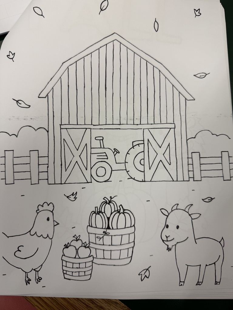 A page from the art class coloring book showing a farm scene
