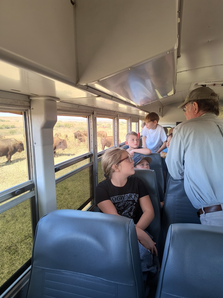 Mrs. Simnitt's 4th graders view bison in a bus during their Konza Prairie field trip